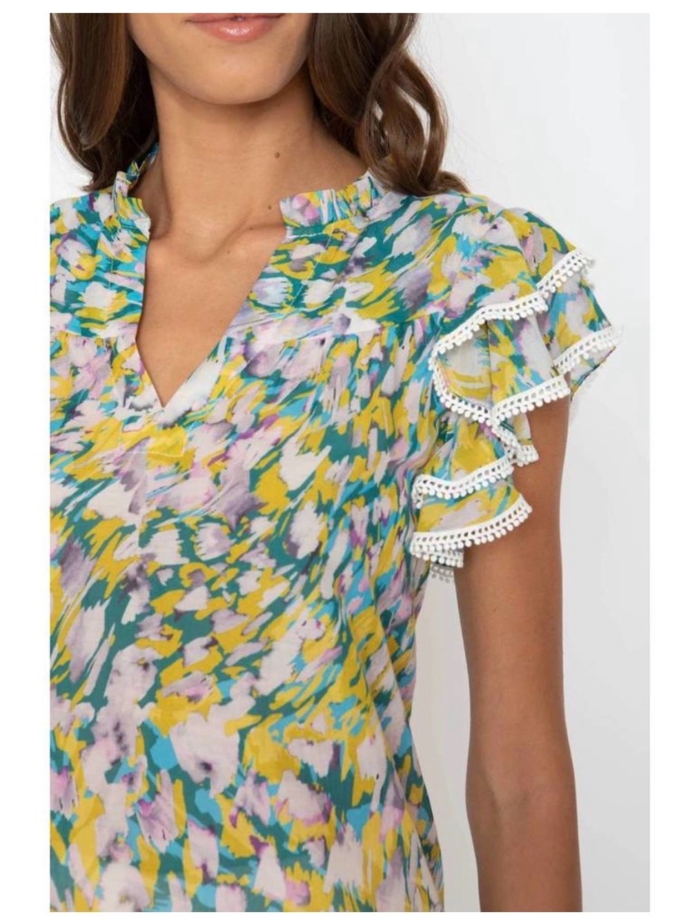 Caballero Mea Ruffle Sleeve V-Neck Blouse in Teal & Yellow
